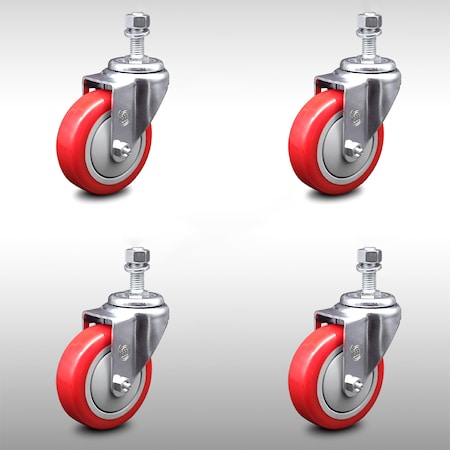 Service Caster 4 Inch SS Red Polyurethane Wheel Swivel 12mm Threaded Stem Caster Set SCC SCC-SSTS20S414-PPUB-RED-M1215-4